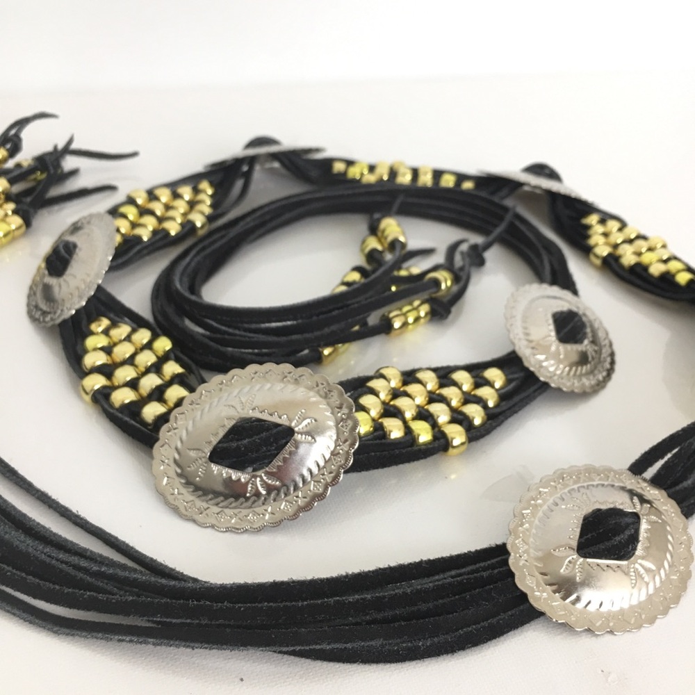 Vintage Boho Western Leather Concho Belt Black Silver Beaded Cowgirl - Picture 13 of 13